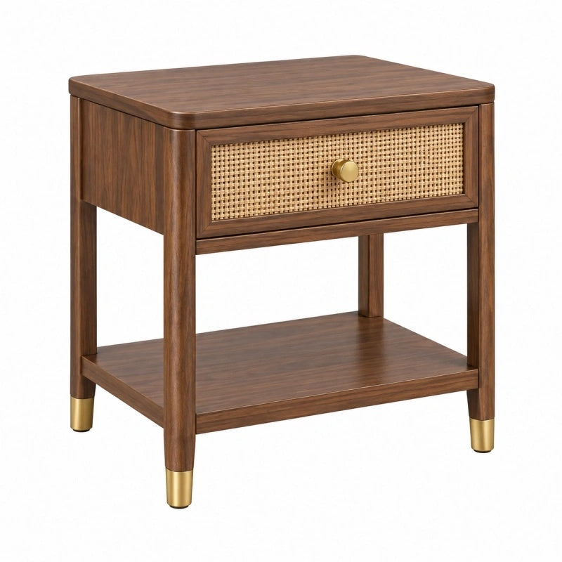 Comodino 50 x 40 x 60 cm in legno marrone con cassetto in rattan - stile retrò