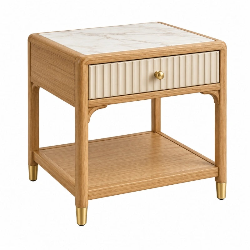 Comodino 50 x 40 x 55 cm in legno naturale con piano effetto marmo e cassetto