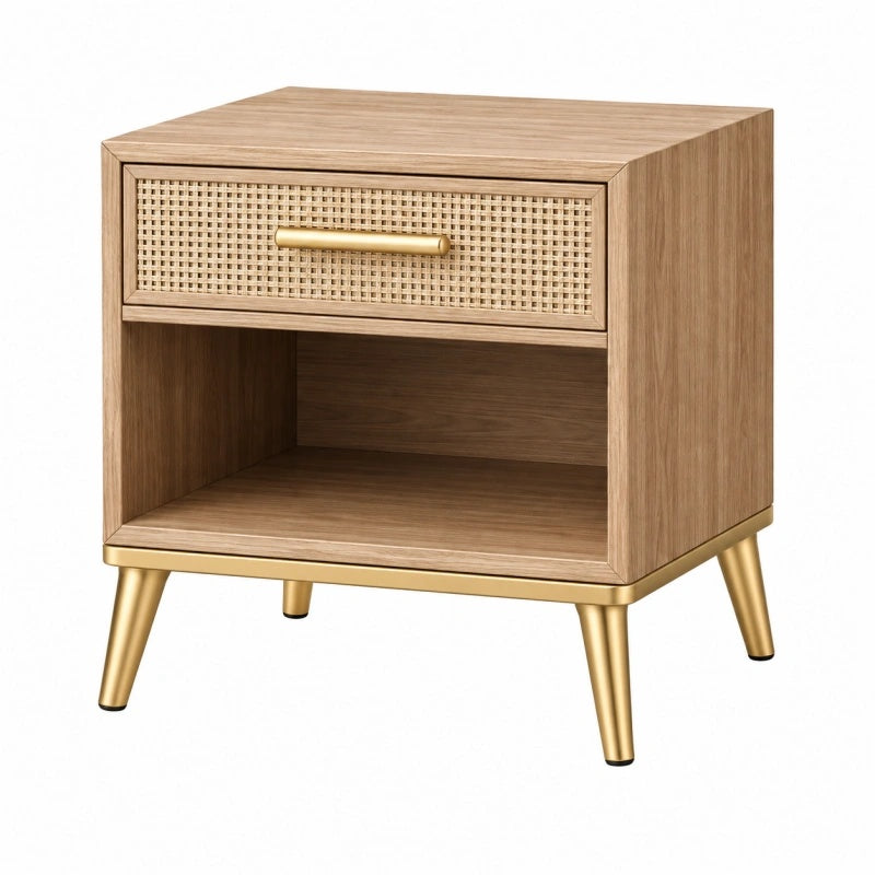 Comodino 45 x 40 x 60 cm in legno marrone con cassetto in rattan - stile retrò