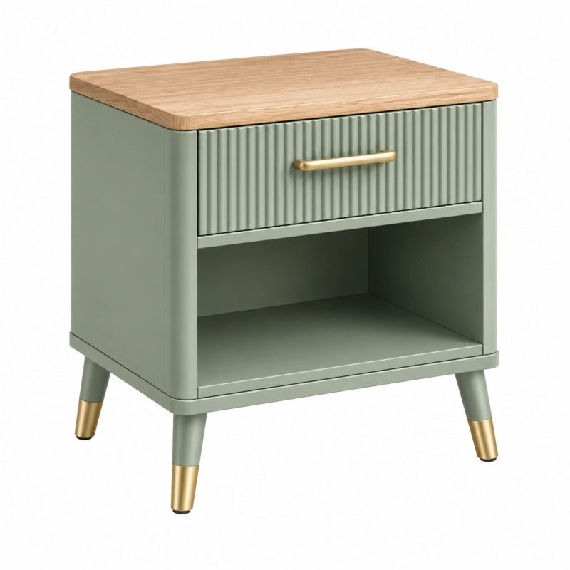 Comodino 45 x 40 x 55 cm verde salvia e legno con cassetto e vano aperto