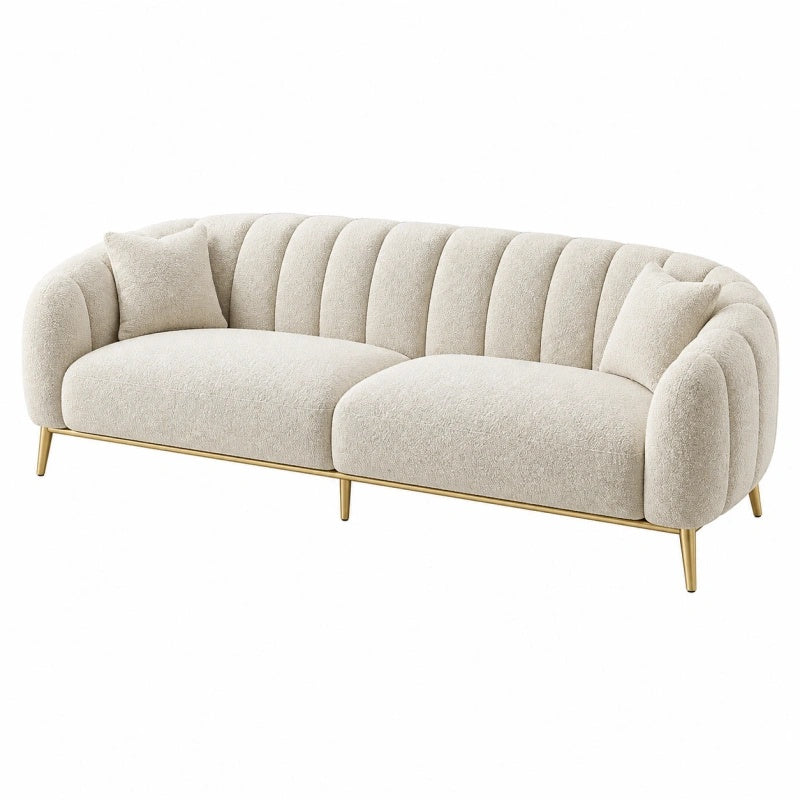 Divano 3 posti 220 x 95 x 78 cm in tessuto bouclé avorio con gambe dorate stile moderno