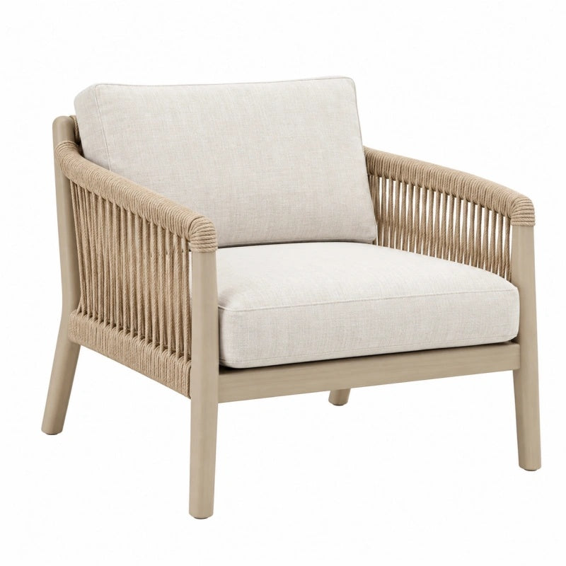 Poltrona 75 x 80 x 78 cm in legno e corda beige con seduta imbottita stile naturale