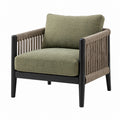 Poltrona 76 x 80 x 78 cm in tessuto verde oliva con struttura in legno nero e corda intrecciata per soggiorno stile contemporaneo