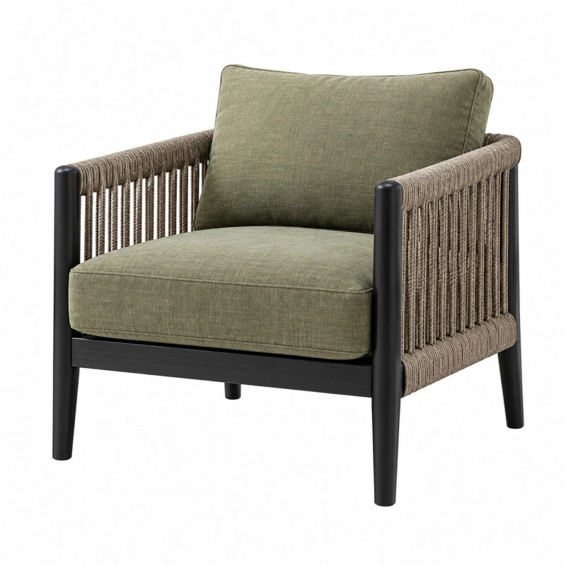 Poltrona 76 x 80 x 78 cm in tessuto verde oliva con struttura in legno nero e corda intrecciata per soggiorno stile contemporaneo