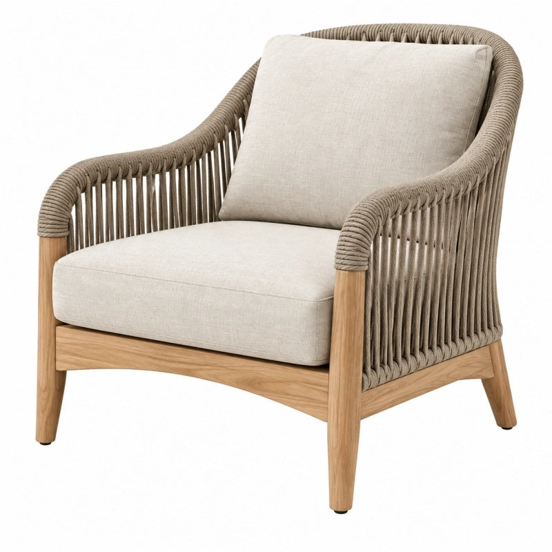 Poltrona 78 x 82 x 86 cm in legno naturale e corda beige con cuscini stile contemporaneo