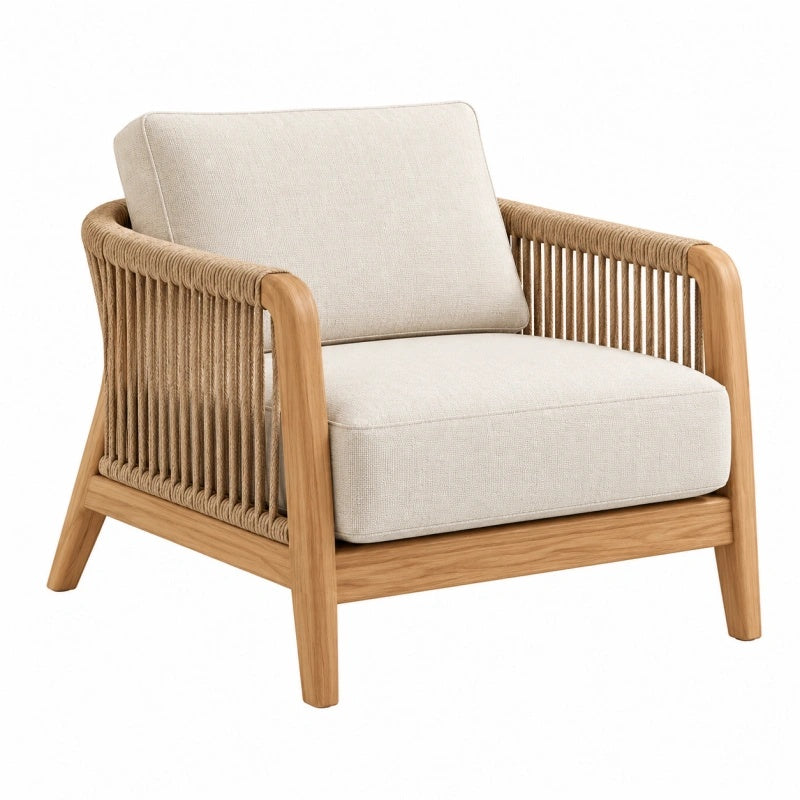 Poltrona 75 x 80 x 82 cm in legno naturale con corda beige e seduta imbottita