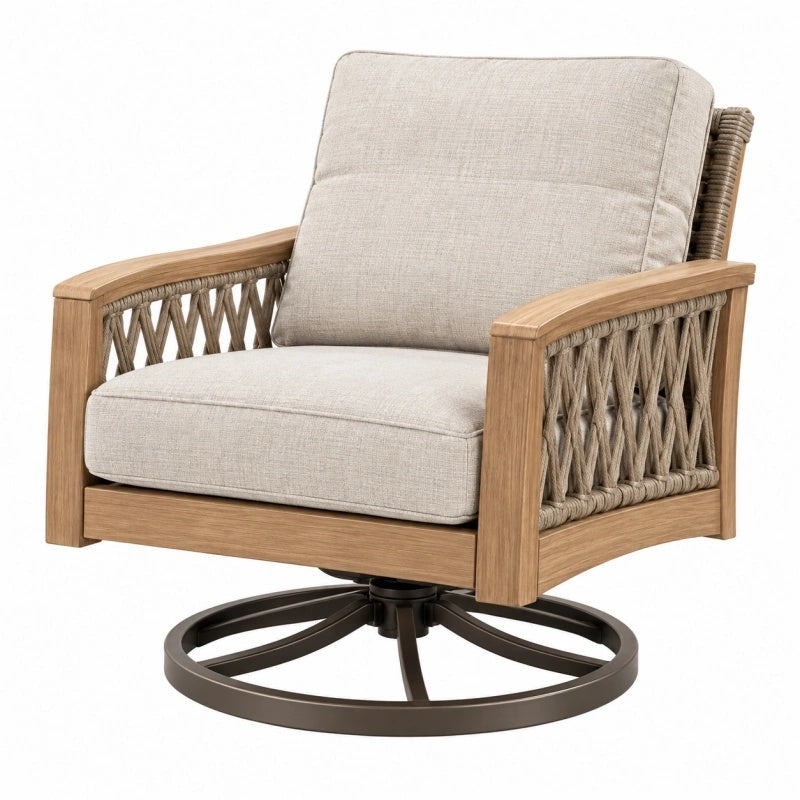 Poltrona girevole 85 x 82 x 92 cm in legno beige con corda intrecciata