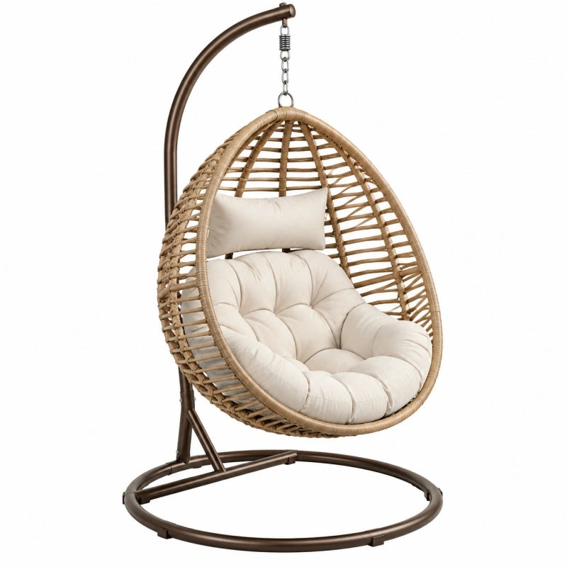 Poltrona sospesa 105 x 105 x 195 cm in metallo e intreccio marrone con seduta imbottita beige - da esterno