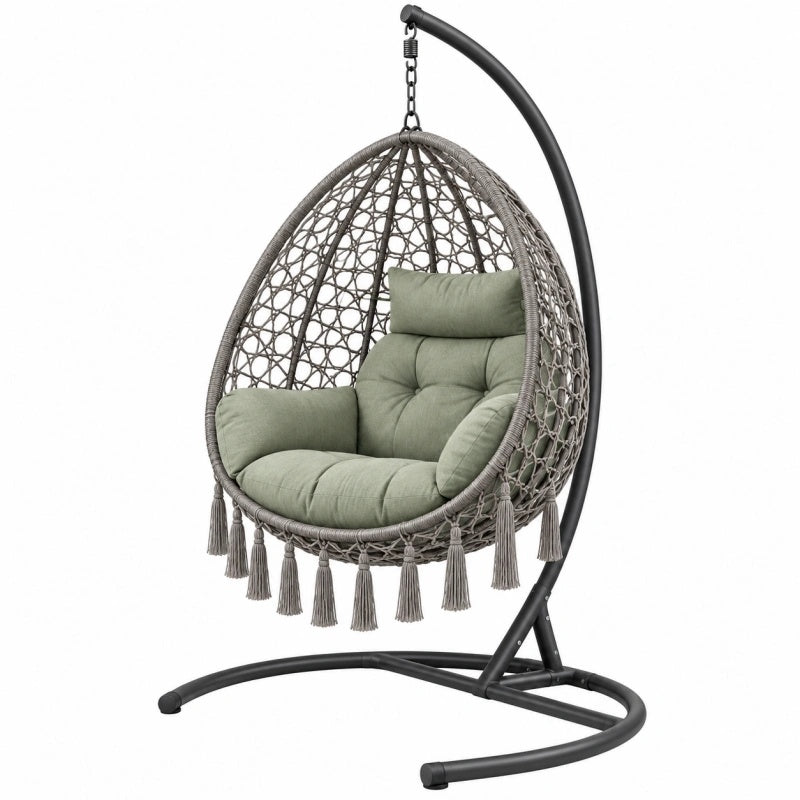 Poltrona sospesa da giardino 105 x 105 x 195 cm in metallo e corda intrecciata grigio con supporto
