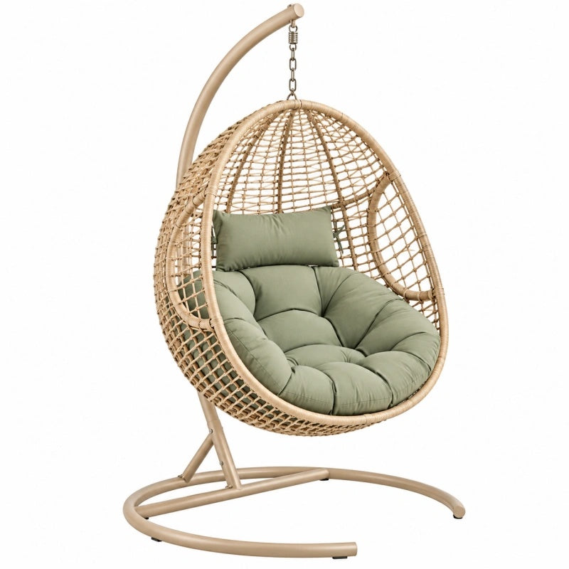 Poltrona sospesa 105 x 105 x 195 cm in rattan sintetico beige e acciaio con seduta verde stile boho per interni