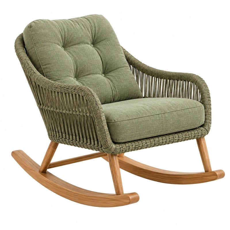 Poltrona a dondolo 100 x 75 x 95 cm in fibra intrecciata verde con struttura in legno