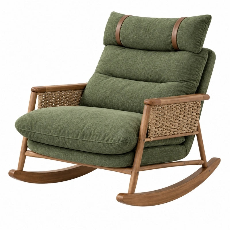 Sedia a dondolo 88 x 95 x 98 cm in legno e tessuto verde stile naturale