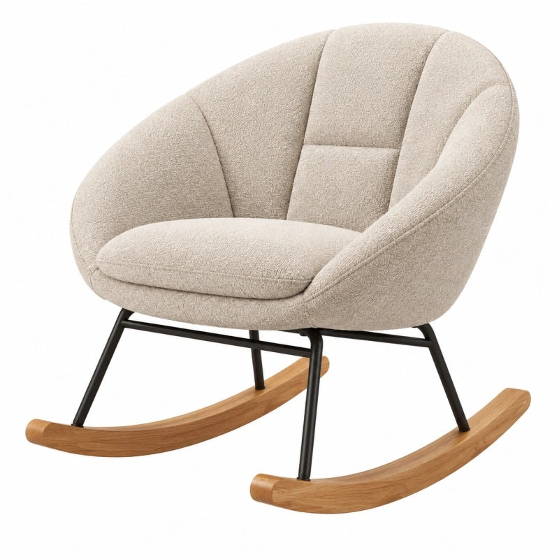 Poltrona a dondolo 90 x 70 x 85 cm in tessuto bouclé beige con struttura in metallo e legno stile moderno