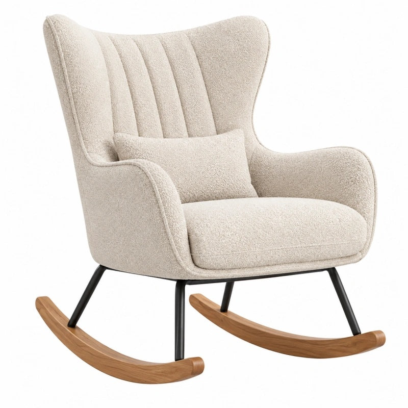 Poltrona a dondolo 75 x 90 x 105 cm in tessuto bouclé beige con struttura in metallo e legno