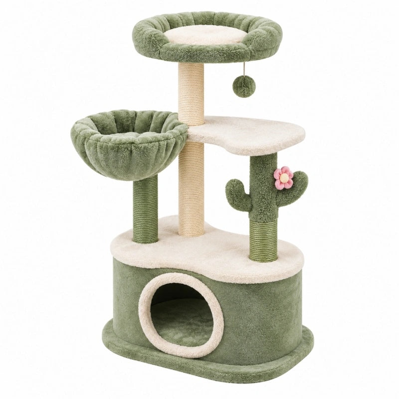 Albero tiragraffi per gatti 60 x 45 x 120 cm verde in peluche e sisal con cuccia e piattaforme