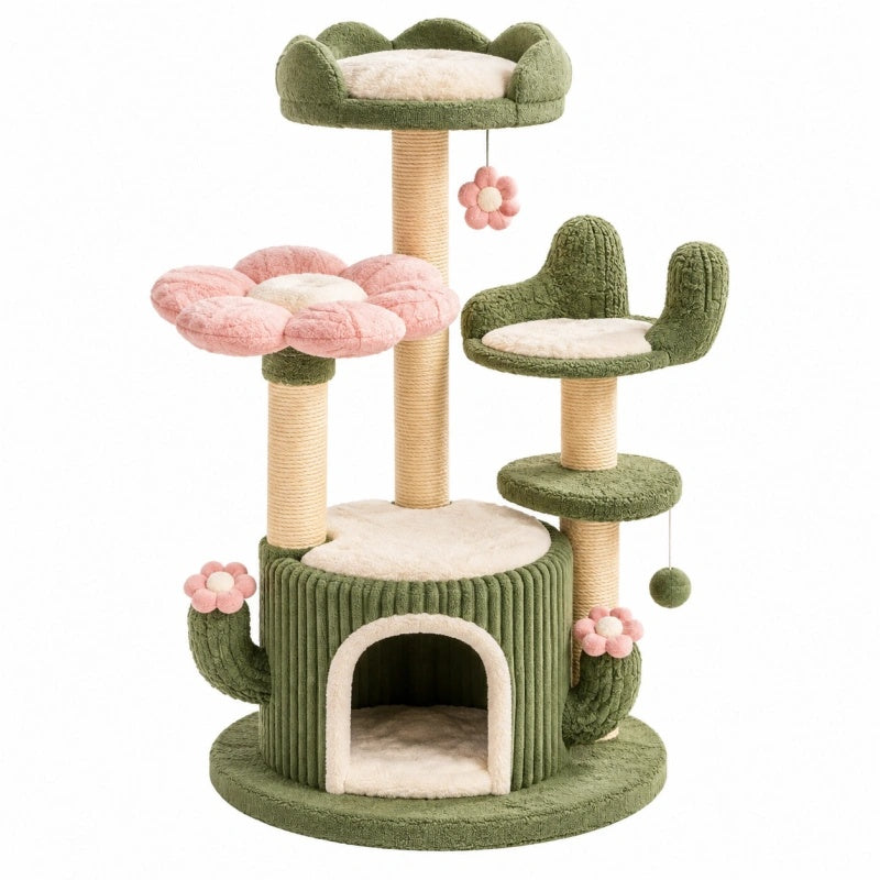 Tiragraffi per gatti 60 x 60 x 140 cm in peluche verde rosa con colonne in sisal e cuccia