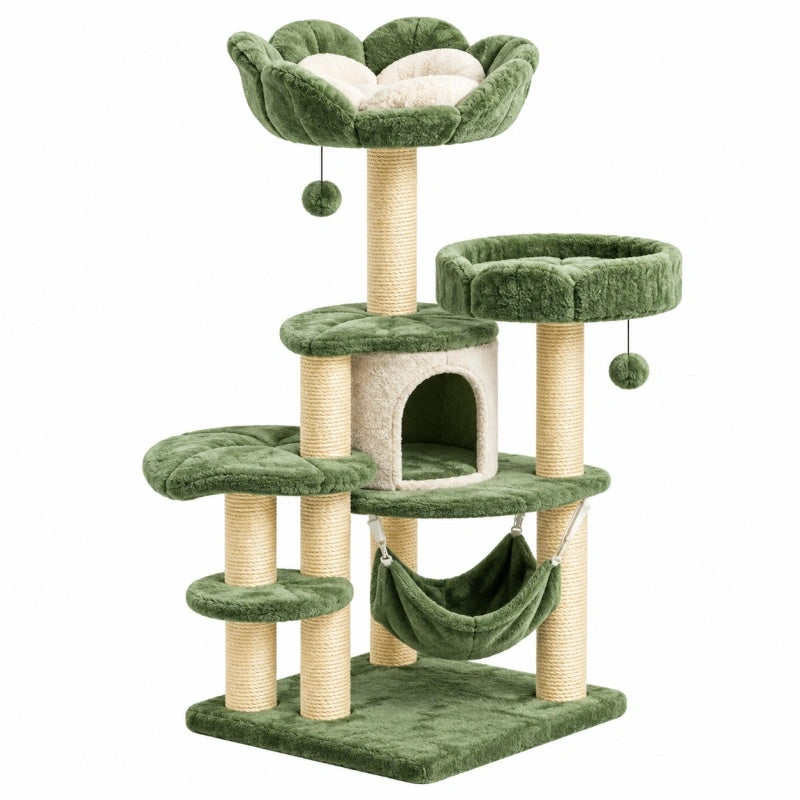Albero tiragraffi per gatti 60 x 50 x 135 cm in peluche verde con colonne in sisal e amaca