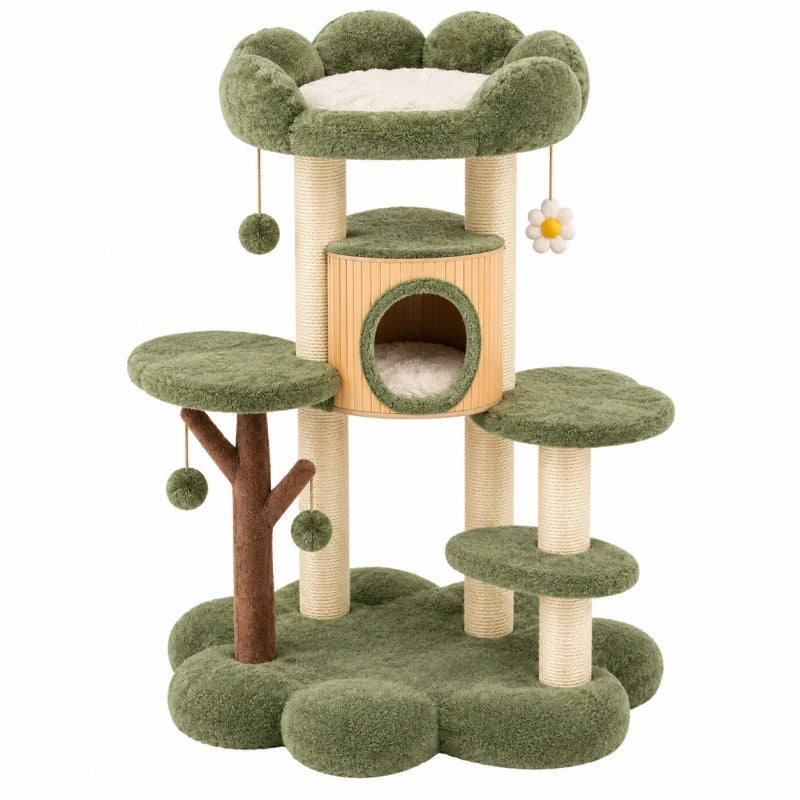 Tiragraffi per gatti 60 x 50 x 110 cm in sisal e peluche verde con cuccia e piattaforme