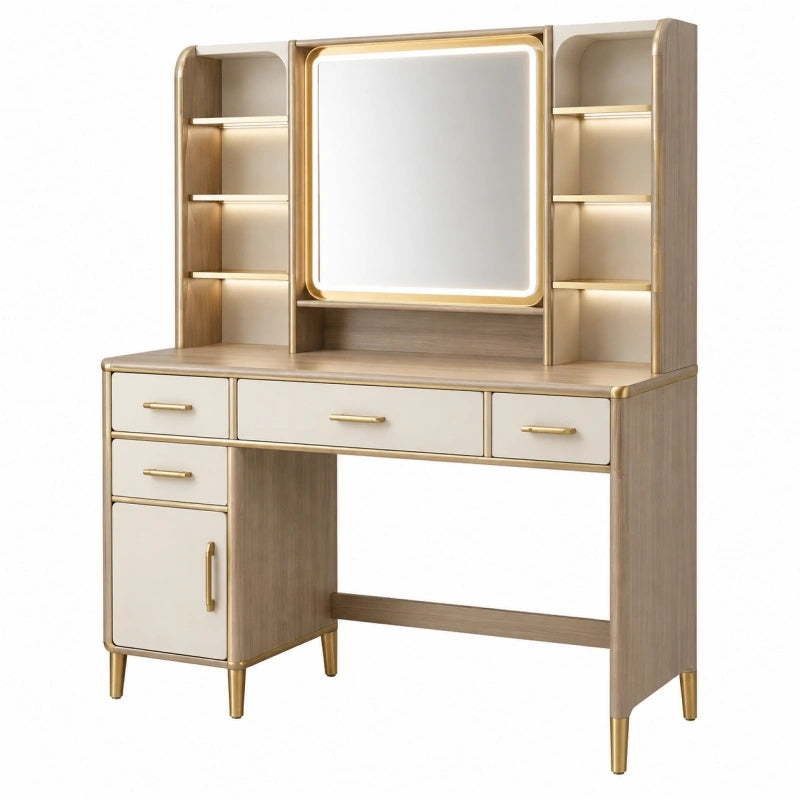 Toeletta con specchio 120 x 50 x 170 cm in legno beige con cassetti e ripiani stile moderno