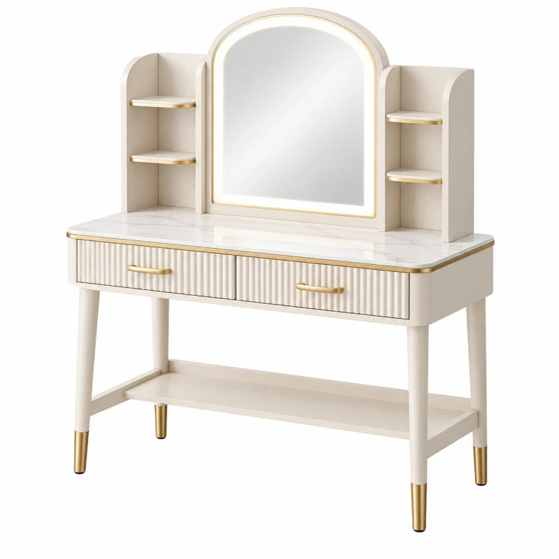 Toeletta con specchio 100 x 45 x 140 cm bianco e oro con cassetti e mensole