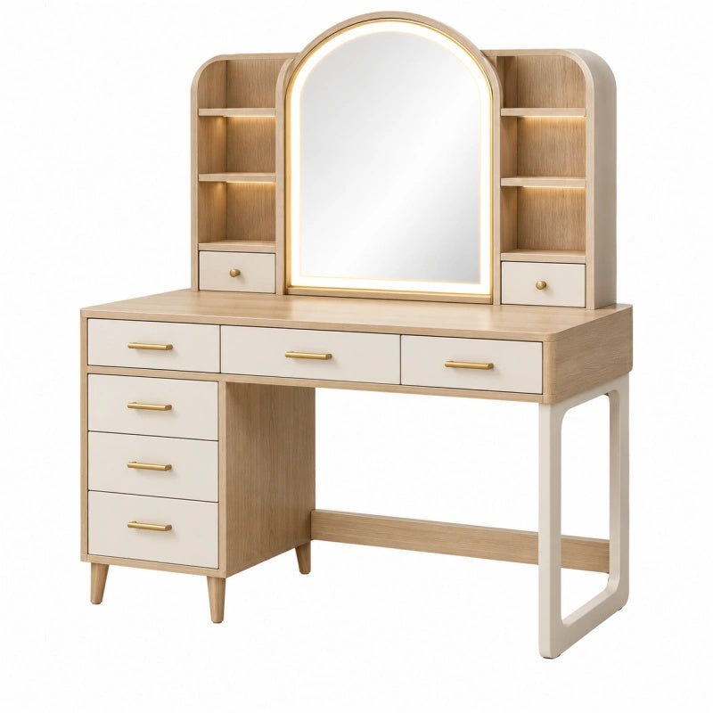 Toeletta 120 x 50 x 155 cm in legno beige e bianco con specchio illuminato e cassetti