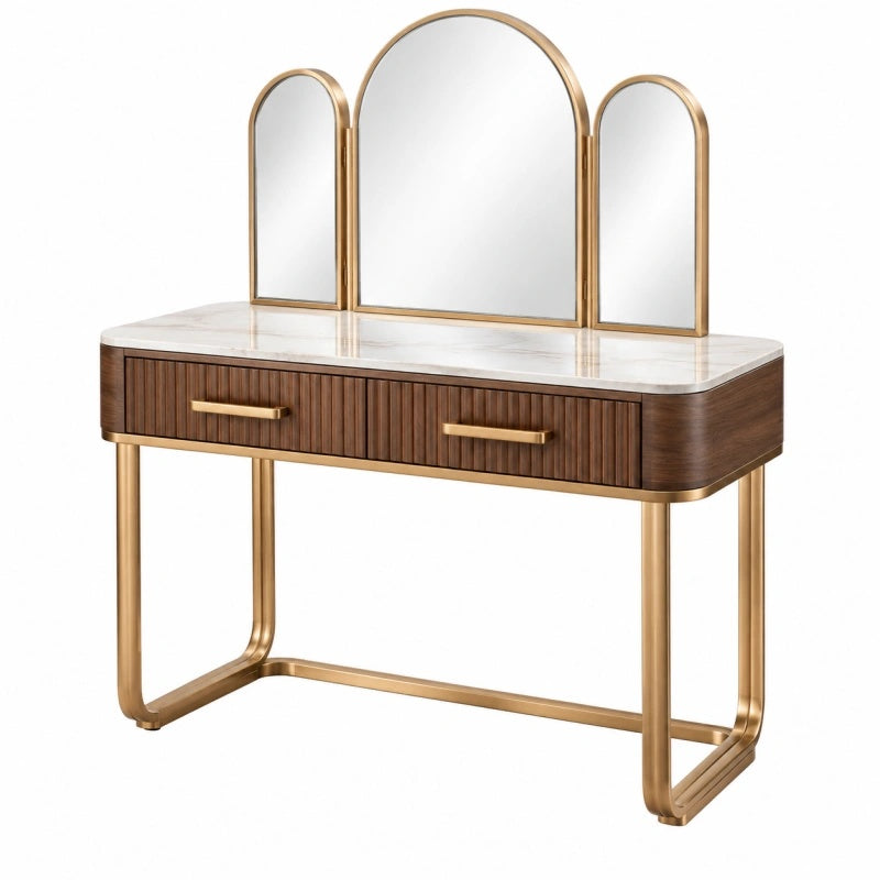 Toeletta 120 x 45 x 150 cm in legno marrone e metallo dorato con specchio triplo in stile moderno
