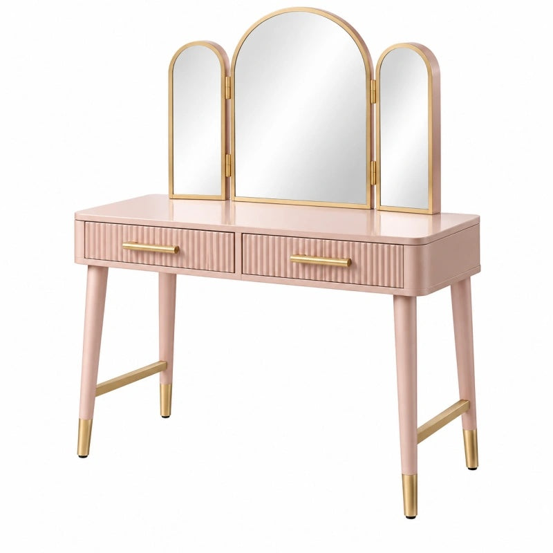 Toeletta 100 x 40 x 140 cm rosa con specchio a tre pannelli e cassetti in legno e vetro