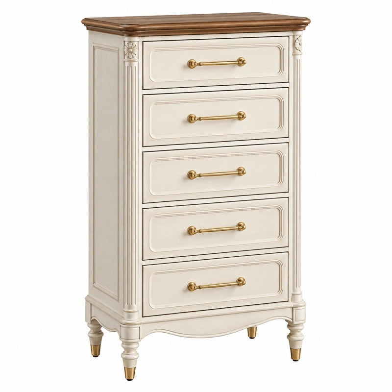 Cassettiera 70 x 42 x 120 cm in legno bianco e marrone con 5 cassetti stile classico