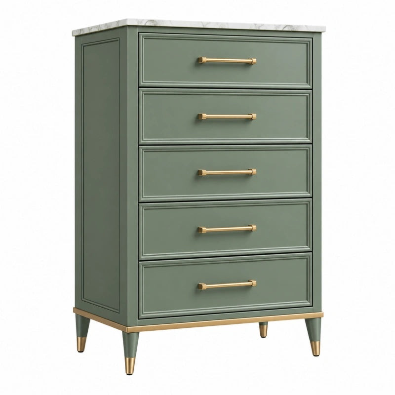 Cassettiera 80 x 45 x 120 cm verde salvia in legno con 5 cassetti stile classico