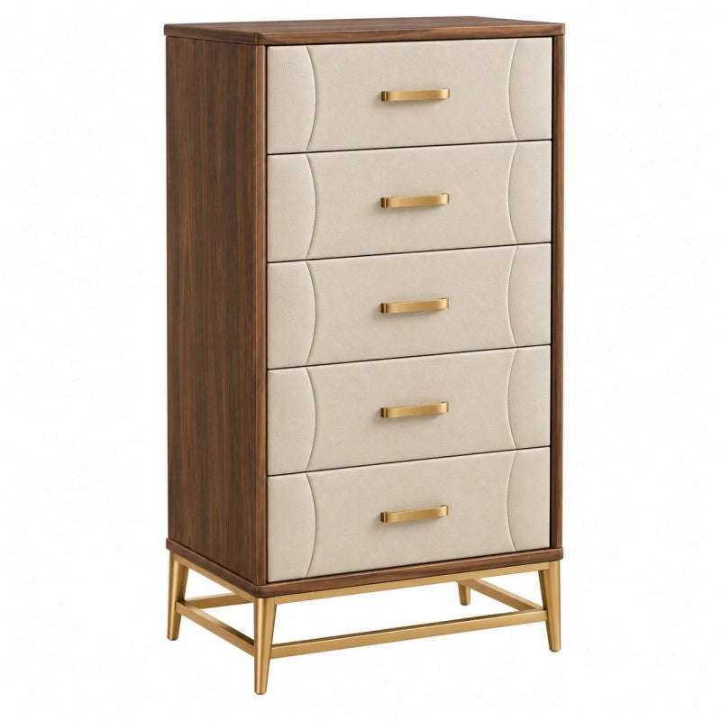 Cassettiera 80 x 45 x 130 cm in legno marrone e tessuto beige - 5 cassetti stile moderno
