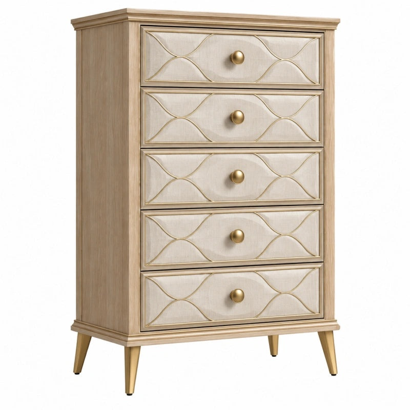 Cassettiera 60 cm 40 cm 120 cm in legno beige e oro a 5 cassetti stile classico